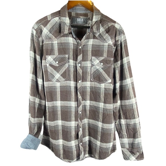 BKE Other - BKE Plaid Western Shirt XL Pearl Snap Flap Pockets Tailored Fit Rodeo Brown Soft